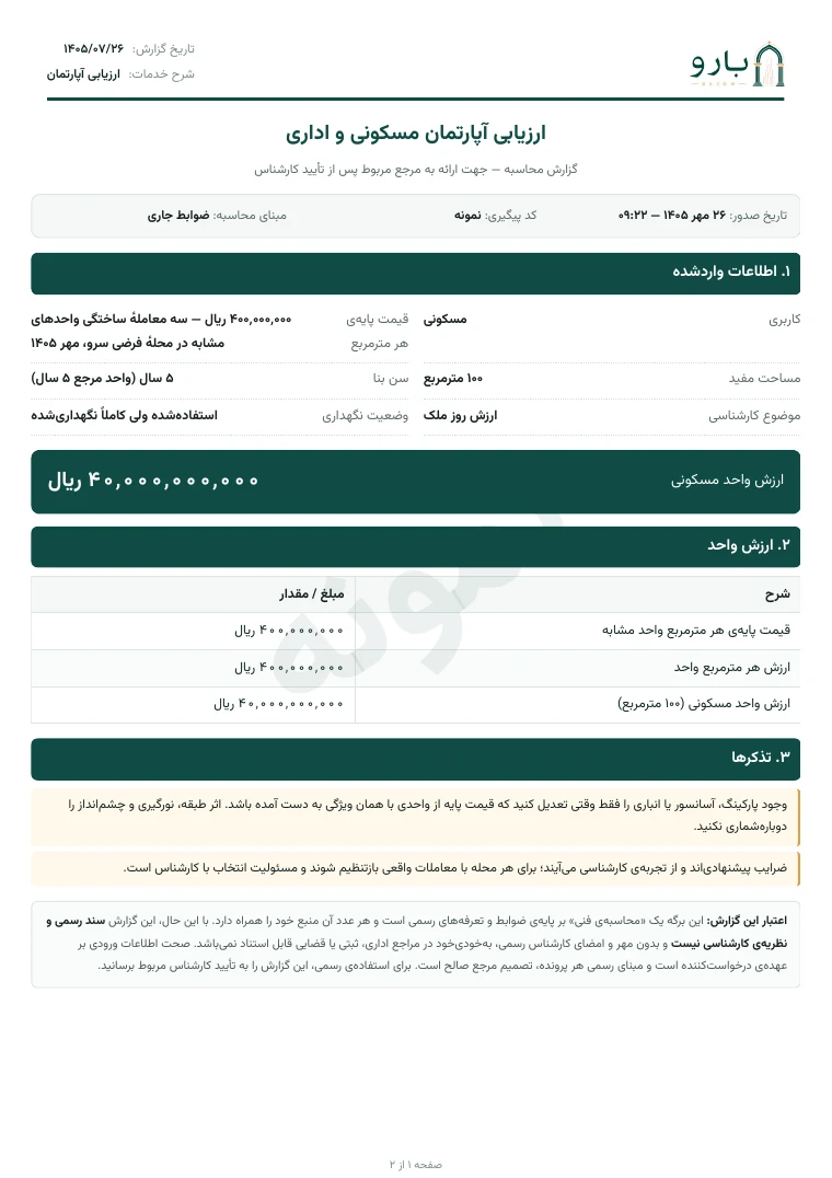 برگ نخست نمونه‌ی گزارش ارزیابی آپارتمان مسکونی و اداری