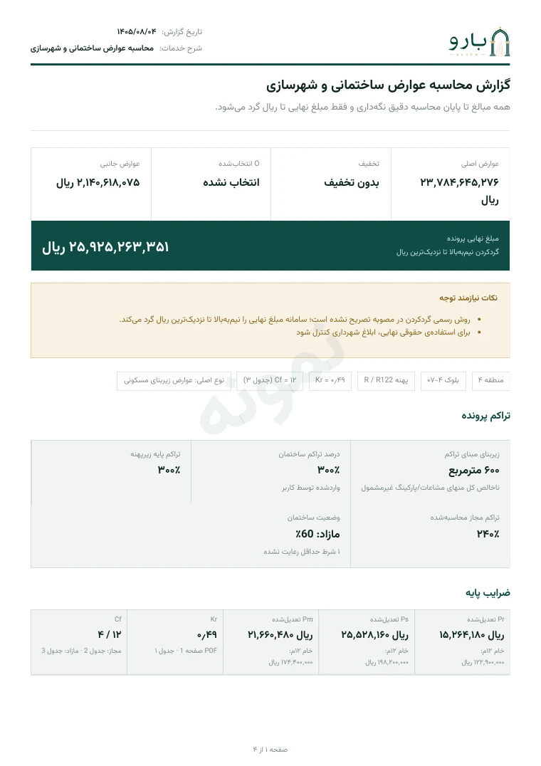 برگ نخست نمونه‌ی گزارش محاسبه عوارض شهرسازی
