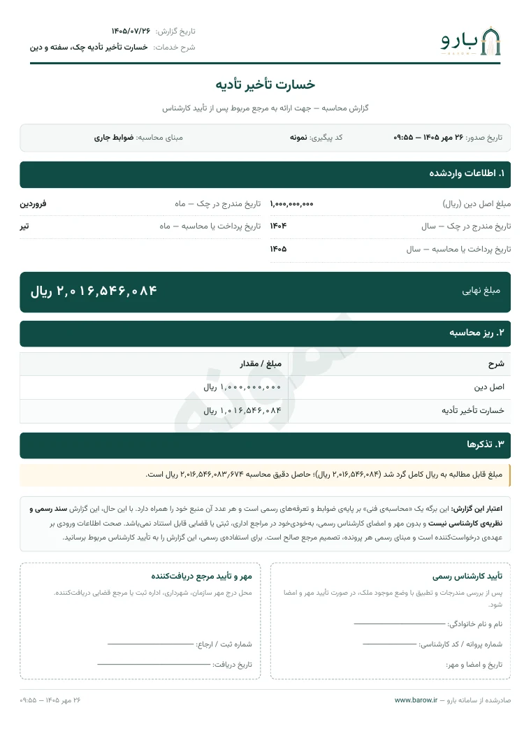 برگ نخست نمونه‌ی گزارش خسارت تأخیر تأدیه چک، سفته و دین
