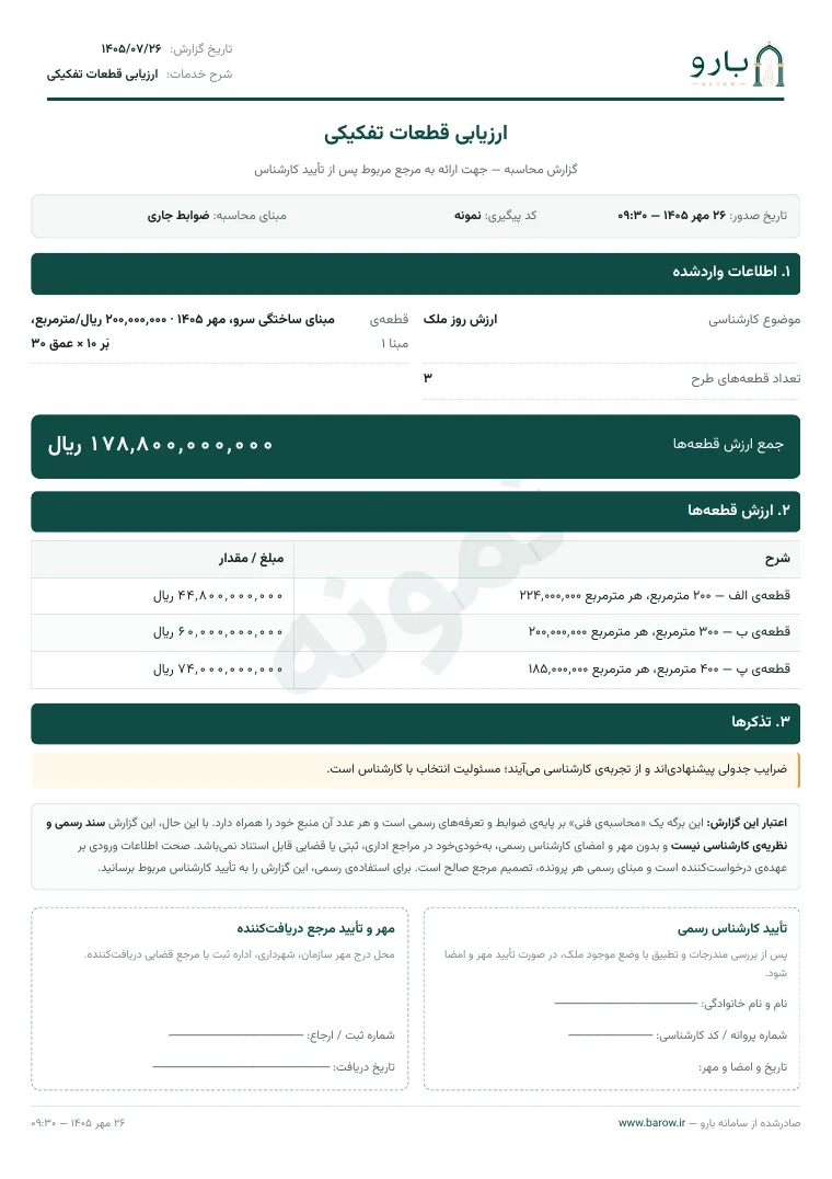 برگ نخست نمونه‌ی گزارش ارزیابی قطعات تفکیکی