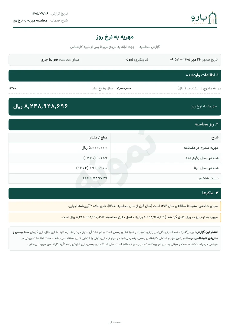 برگ نخست نمونه‌ی گزارش مهریه به نرخ روز