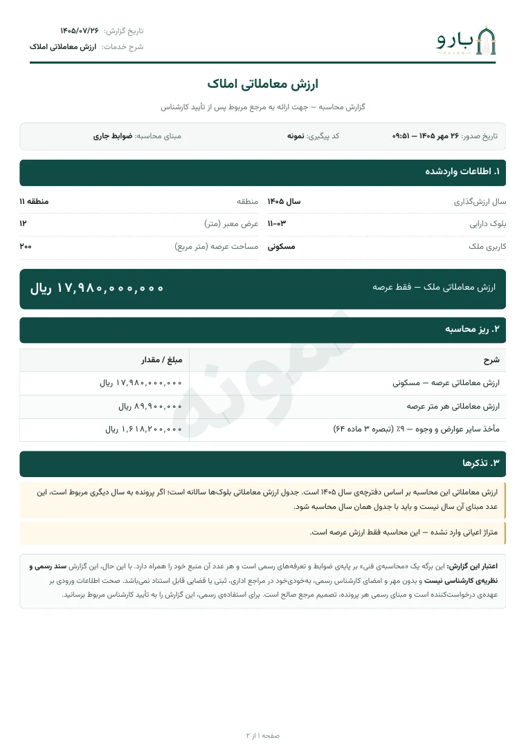 برگ نخست نمونه‌ی گزارش ارزش معاملاتی املاک