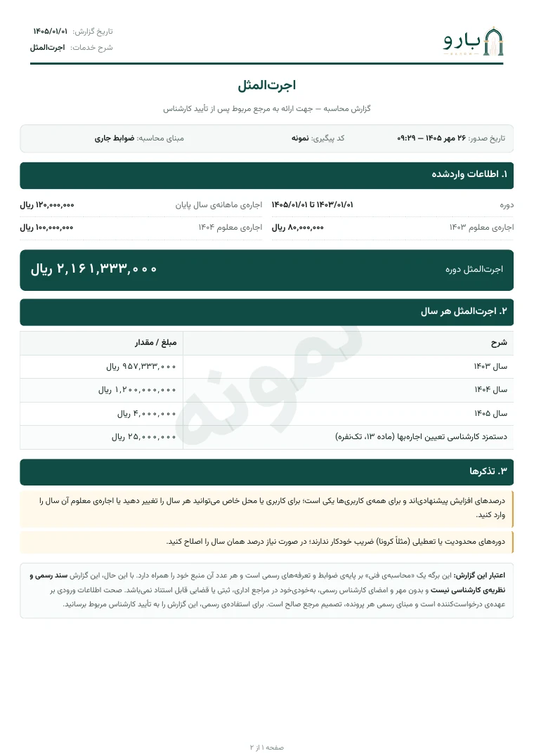برگ نخست نمونه‌ی گزارش اجرت‌المثل (اجاره‌بهای دوره‌ی گذشته)