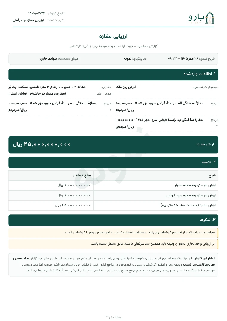 برگ نخست نمونه‌ی گزارش ارزیابی مغازه (مقایسه با معاملات مشابه)