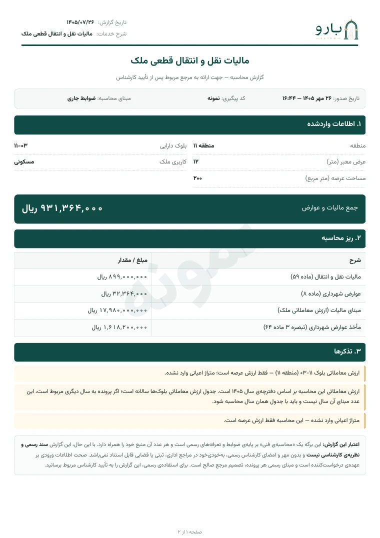 برگ نخست نمونه‌ی گزارش مالیات نقل و انتقال قطعی ملک