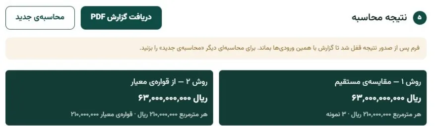نتیجه‌ی ارزیابی زمین سیصد مترمربعی در بارو با ارزش نهایی ۶۳٬۰۰۰٬۰۰۰٬۰۰۰ ریال در هر دو روش