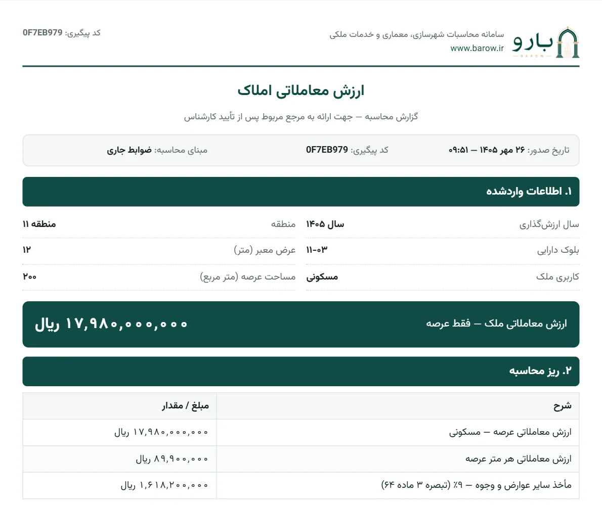 صفحه‌ی نخست گزارش PDF ارزش معاملاتی با اطلاعات واردشده، مبلغ عرصه و آغاز مسیر محاسبه