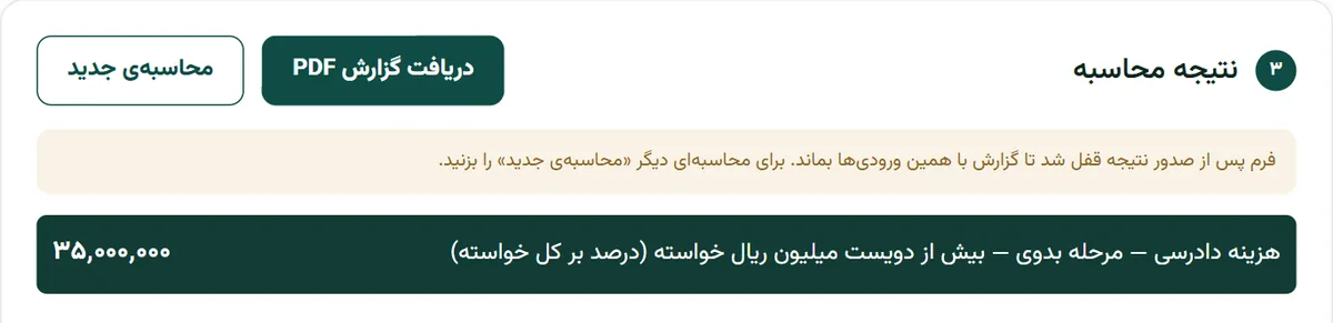 نتیجه‌ی هزینه دادرسی در بارو برای خواسته‌ی یک میلیارد ریالی در مرحله‌ی بدوی: ۳۵٬۰۰۰٬۰۰۰ ریال