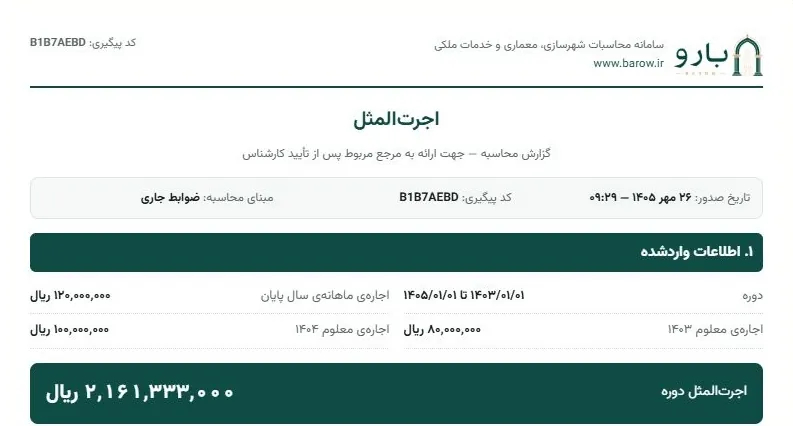 سربرگ، اطلاعات دوره و مبلغ کل در بخش نخست گزارش اجرت‌المثل، پیش از جدول سالانه و جزئیات محاسبه