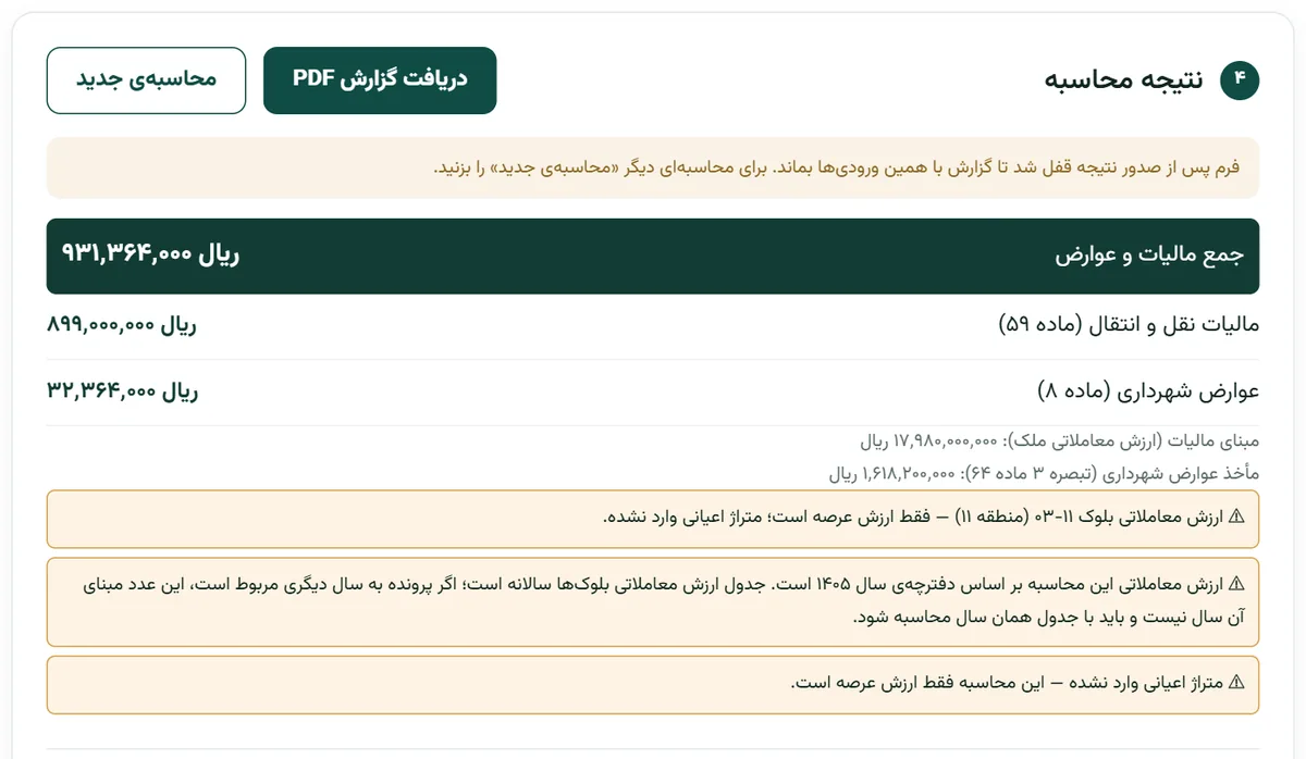 نتیجه‌ی مالیات نقل و انتقال در بارو: مالیات ۸۹۹٬۰۰۰٬۰۰۰ ریال و عوارض شهرداری ۳۲٬۳۶۴٬۰۰۰ ریال