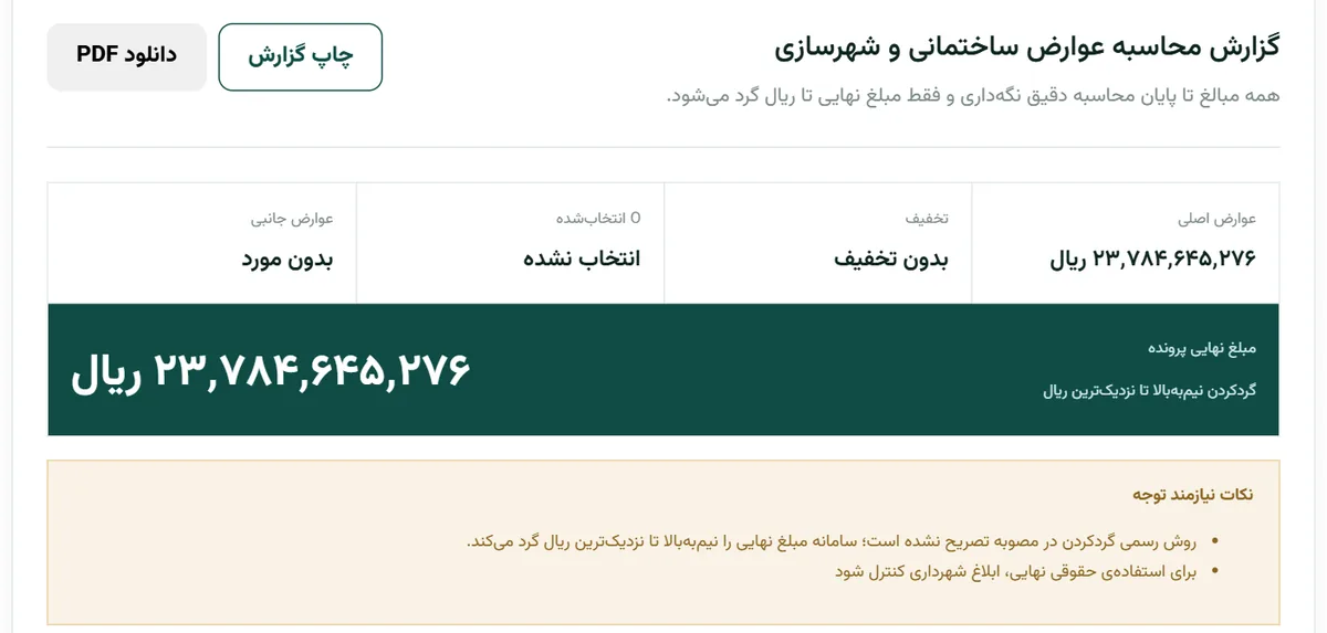 گزارش عوارض ساختمانی در بارو: عوارض اصلی ۲۳٬۷۸۴٬۶۴۵٬۲۷۶ ریال و مبلغ نهایی پرونده