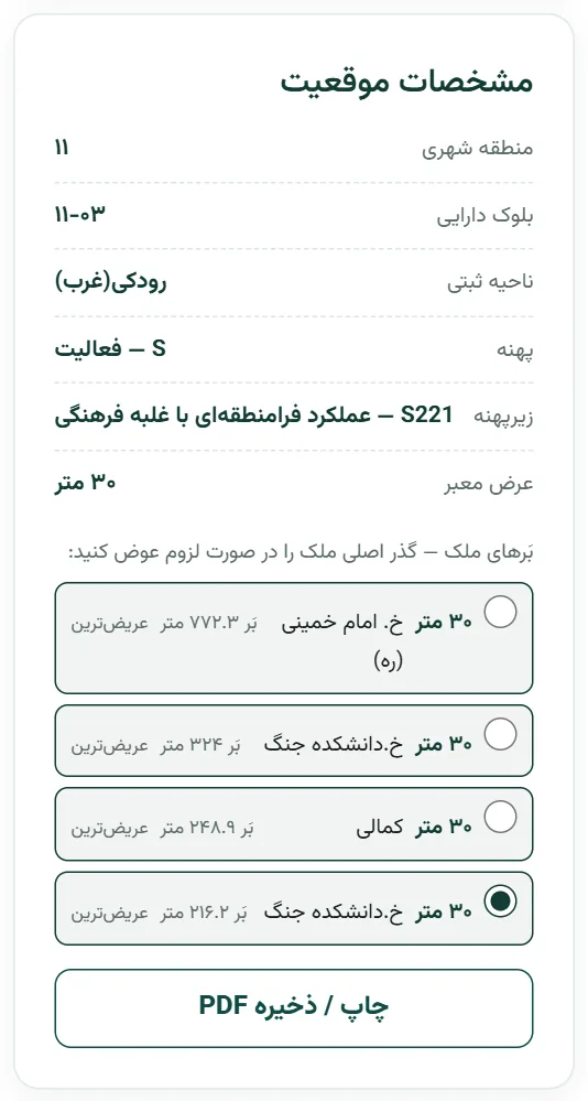 نتیجه‌ی استعلام ملک روی نقشه در بارو: منطقه ۱۱، بلوک ۱۱-۰۳، ناحیه ثبتی رودکی (غرب)، پهنه S و عرض معبر ۳۰ متر با فهرست بَرها