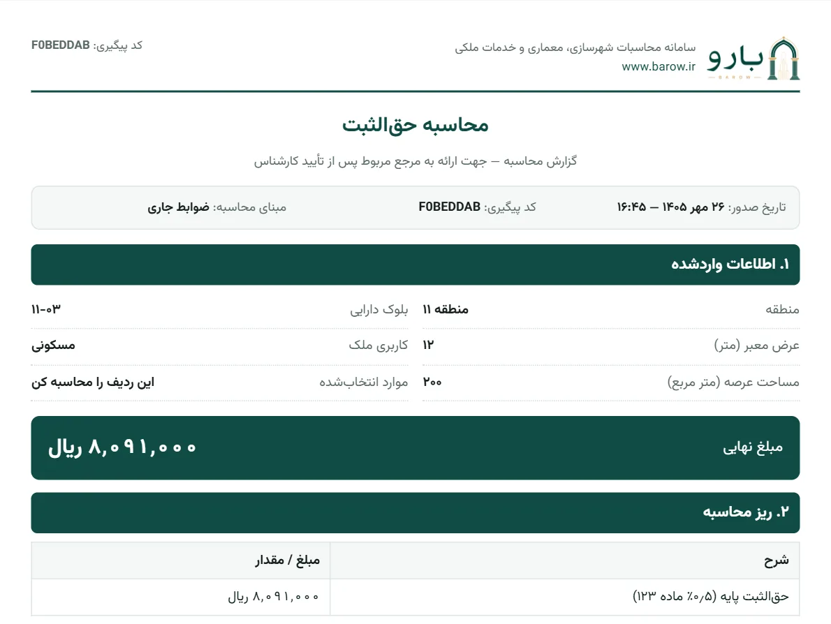 صفحه‌ی نخست گزارش PDF حق‌الثبت با مشخصات ملک، ردیف انتخاب‌شده و مبلغ حق‌الثبت