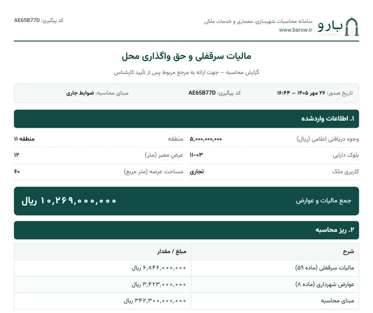 صفحه‌ی نخست گزارش PDF مالیات حق واگذاری محل با وجوه اعلامی، مشخصات ملک و جمع مالیات و عوارض