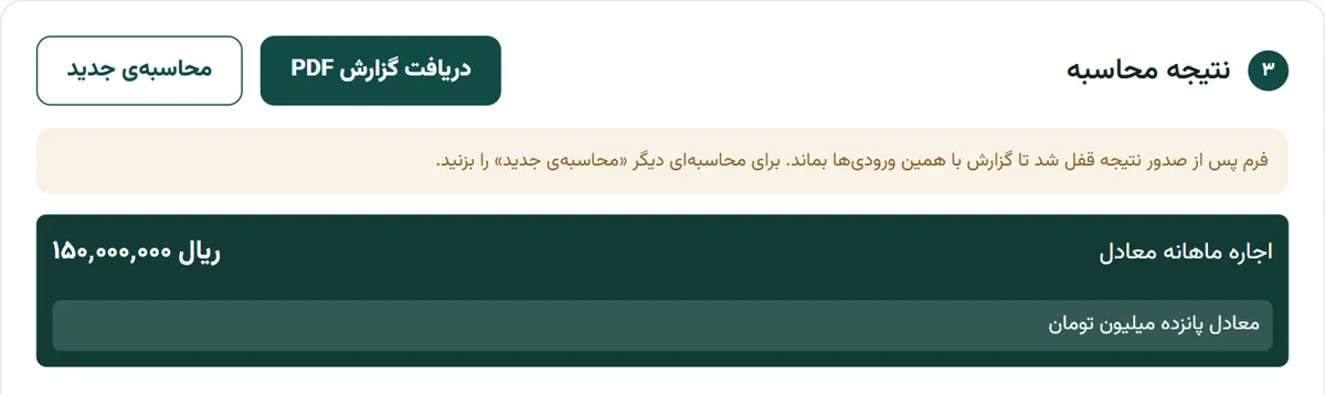 نتیجه‌ی تبدیل رهن به اجاره در بارو: رهن پنج میلیارد ریالی با نرخ ۳٪ برابر اجاره‌ی ماهانه‌ی ۱۵۰٬۰۰۰٬۰۰۰ ریال